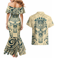 Polynesian Couples Matching Mermaid Dress and Hawaiian Shirt Warrior Skull with Tribal Patterns Tattoo Design - Wonder Print Shop