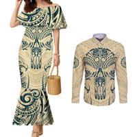 polynesian-couples-matching-mermaid-dress-and-long-sleeve-button-shirts-warrior-skull-with-tribal-patterns-tattoo-design
