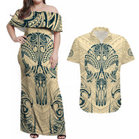 Polynesian Couples Matching Off Shoulder Maxi Dress and Hawaiian Shirt Warrior Skull with Tribal Patterns Tattoo Design - Wonder Print Shop
