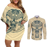 Polynesian Couples Matching Off Shoulder Short Dress and Long Sleeve Button Shirts Warrior Skull with Tribal Patterns Tattoo Design - Wonder Print Shop