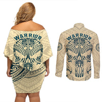 Polynesian Couples Matching Off Shoulder Short Dress and Long Sleeve Button Shirts Warrior Skull with Tribal Patterns Tattoo Design - Wonder Print Shop