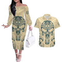 Polynesian Couples Matching Off The Shoulder Long Sleeve Dress and Hawaiian Shirt Warrior Skull with Tribal Patterns Tattoo Design - Wonder Print Shop