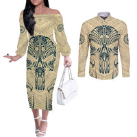 polynesian-couples-matching-off-the-shoulder-long-sleeve-dress-and-long-sleeve-button-shirts-warrior-skull-with-tribal-patterns-tattoo-design