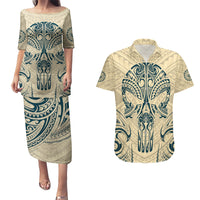 Polynesian Couples Matching Puletasi Dress and Hawaiian Shirt Warrior Skull with Tribal Patterns Tattoo Design - Wonder Print Shop
