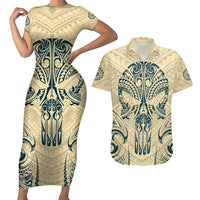 Polynesian Couples Matching Short Sleeve Bodycon Dress and Hawaiian Shirt Warrior Skull with Tribal Patterns Tattoo Design - Wonder Print Shop