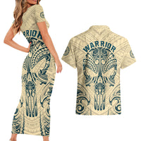 Polynesian Couples Matching Short Sleeve Bodycon Dress and Hawaiian Shirt Warrior Skull with Tribal Patterns Tattoo Design - Wonder Print Shop