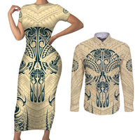 Polynesian Couples Matching Short Sleeve Bodycon Dress and Long Sleeve Button Shirts Warrior Skull with Tribal Patterns Tattoo Design - Wonder Print Shop