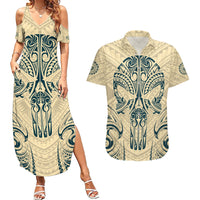 Polynesian Couples Matching Summer Maxi Dress and Hawaiian Shirt Warrior Skull with Tribal Patterns Tattoo Design - Wonder Print Shop