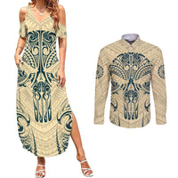 Polynesian Couples Matching Summer Maxi Dress and Long Sleeve Button Shirts Warrior Skull with Tribal Patterns Tattoo Design - Wonder Print Shop