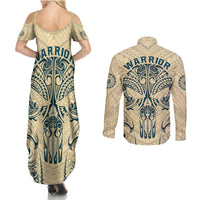 Polynesian Couples Matching Summer Maxi Dress and Long Sleeve Button Shirts Warrior Skull with Tribal Patterns Tattoo Design - Wonder Print Shop