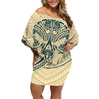 Polynesian Family Matching Off Shoulder Short Dress and Hawaiian Shirt Warrior Skull with Tribal Patterns Tattoo Design - Wonder Print Shop
