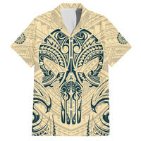 Tan Hawaiian shirt with blue tribal skull front print, short sleeves, camp collar