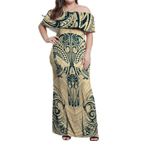 Polynesian Off Shoulder Maxi Dress Warrior Skull with Tribal Patterns Tattoo Design - Wonder Print Shop