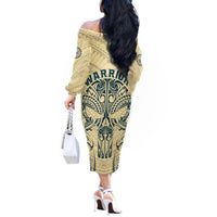 Polynesian Off The Shoulder Long Sleeve Dress Warrior Skull with Tribal Patterns Tattoo Design - Wonder Print Shop