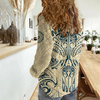 Polynesian Women Casual Shirt Warrior Skull with Tribal Patterns Tattoo Design - Wonder Print Shop