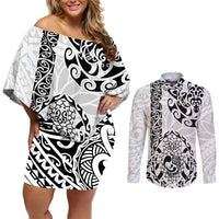 Hawaii Couples Matching Off Shoulder Short Dress and Long Sleeve Button Shirts with Polynesian Turtle - Wonder Print Shop