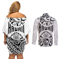 Hawaii Couples Matching Off Shoulder Short Dress and Long Sleeve Button Shirts with Polynesian Turtle - Wonder Print Shop