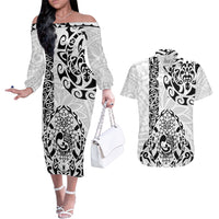 Hawaii Couples Matching Off The Shoulder Long Sleeve Dress and Hawaiian Shirt with Polynesian Turtle - Wonder Print Shop