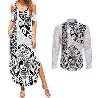 Hawaii Couples Matching Summer Maxi Dress and Long Sleeve Button Shirts with Polynesian Turtle - Wonder Print Shop