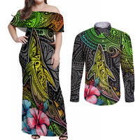 Polynesian Couples Matching Off Shoulder Maxi Dress and Long Sleeve Button Shirts Whales and Compass Gradient Pattern - Wonder Print Shop