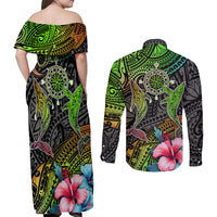 Polynesian Couples Matching Off Shoulder Maxi Dress and Long Sleeve Button Shirts Whales and Compass Gradient Pattern - Wonder Print Shop