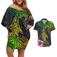 Off-shoulder short dress and Hawaiian shirt set with green whale/compass gradient pattern.