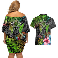 Back of off-shoulder short dress and Hawaiian shirt with whale and compass wheel gradient.