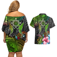 Polynesian Couples Matching Off Shoulder Short Dress and Hawaiian Shirt Whales and Compass Gradient Pattern - Wonder Print Shop