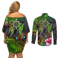 Polynesian Couples Matching Off Shoulder Short Dress and Long Sleeve Button Shirts Whales and Compass Gradient Pattern - Wonder Print Shop