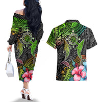 Polynesian Couples Matching Off The Shoulder Long Sleeve Dress and Hawaiian Shirt Whales and Compass Gradient Pattern - Wonder Print Shop
