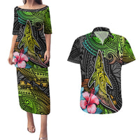Polynesian Couples Matching Puletasi Dress and Hawaiian Shirt Whales and Compass Gradient Pattern - Wonder Print Shop