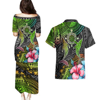 Polynesian Couples Matching Puletasi Dress and Hawaiian Shirt Whales and Compass Gradient Pattern - Wonder Print Shop