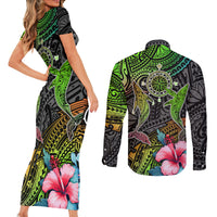 Polynesian Couples Matching Short Sleeve Bodycon Dress and Long Sleeve Button Shirts Whales and Compass Gradient Pattern - Wonder Print Shop