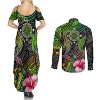 Polynesian Couples Matching Summer Maxi Dress and Long Sleeve Button Shirts Whales and Compass Gradient Pattern - Wonder Print Shop