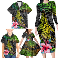 Polynesian Family Matching Long Sleeve Bodycon Dress and Hawaiian Shirt Whales and Compass Gradient Pattern - Wonder Print Shop