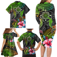 Polynesian Family Matching Long Sleeve Bodycon Dress and Hawaiian Shirt Whales and Compass Gradient Pattern - Wonder Print Shop