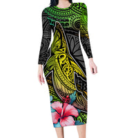 Polynesian Family Matching Long Sleeve Bodycon Dress and Hawaiian Shirt Whales and Compass Gradient Pattern - Wonder Print Shop