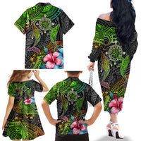Polynesian Family Matching Off Shoulder Long Sleeve Dress and Hawaiian Shirt Whales and Compass Gradient Pattern - Wonder Print Shop