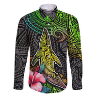 Polynesian Family Matching Off Shoulder Long Sleeve Dress and Hawaiian Shirt Whales and Compass Gradient Pattern - Wonder Print Shop