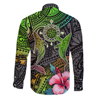 Polynesian Family Matching Off Shoulder Long Sleeve Dress and Hawaiian Shirt Whales and Compass Gradient Pattern - Wonder Print Shop