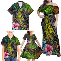 Polynesian Family Matching Off Shoulder Maxi Dress and Hawaiian Shirt Whales and Compass Gradient Pattern - Wonder Print Shop