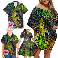 Polynesian Family Matching Off Shoulder Short Dress and Hawaiian Shirt Whales and Compass Gradient Pattern - Wonder Print Shop
