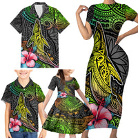 Polynesian Family Matching Short Sleeve Bodycon Dress and Hawaiian Shirt Whales and Compass Gradient Pattern - Wonder Print Shop