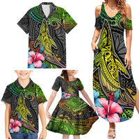 Polynesian Family Matching Summer Maxi Dress and Hawaiian Shirt Whales and Compass Gradient Pattern - Wonder Print Shop