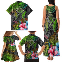 Polynesian Family Matching Tank Maxi Dress and Hawaiian Shirt Whales and Compass Gradient Pattern - Wonder Print Shop