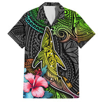 Men's Hawaiian shirt with whale and compass graphic, green/blue gradient, button-front