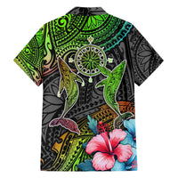 Hawaiian shirt with whale, compass wheel, hibiscus flowers, green black gradient, short sleeves