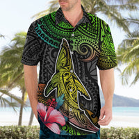 Men's Hawaiian shirt with whale and compass wheel motif, green/blue gradient, short sleeves
