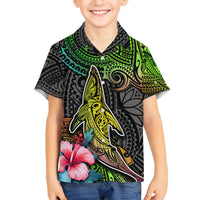 Kids' Hawaiian shirt with whale and compass graphic, green/blue gradient, button-front