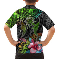 Kids' Hawaiian shirt back view with compass wheel, whale motif, green black gradient, short sleeves